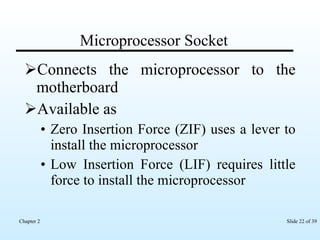 Microprocessor Socket Connects the microprocessor to the motherboard Available as Zero Insertion Force (ZIF) uses a lever to install the microprocessor Low Insertion Force (LIF) requires little force to install the microprocessor 