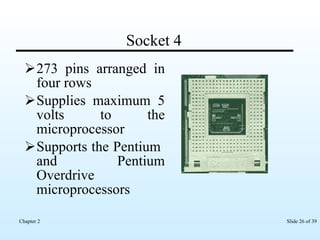 Socket 4 273 pins arranged in four rows Supplies maximum 5 volts to the microprocessor  Supports the Pentium  and Pentium Overdrive microprocessors  