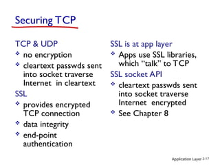 Securing TCP
TCP & UDP
 no encryption
 cleartext passwds sent
into socket traverse
Internet in cleartext
SSL
 provides encrypted
TCP connection
 data integrity
 end-point
authentication
SSL is at app layer
 Apps use SSL libraries,
which “talk” to TCP
SSL socket API
 cleartext passwds sent
into socket traverse
Internet encrypted
 See Chapter 8
Application Layer 2-17
 