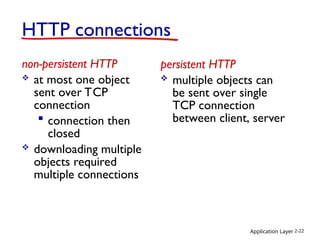 Application Layer 2-22
HTTP connections
non-persistent HTTP
 at most one object
sent over TCP
connection
 connection then
closed
 downloading multiple
objects required
multiple connections
persistent HTTP
 multiple objects can
be sent over single
TCP connection
between client, server
 