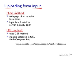 Application Layer 2-29
Uploading form input
POST method:
 web page often includes
form input
 input is uploaded to
server in entity body
URL method:
 uses GET method
 input is uploaded in URL
field of request line:
www.somesite.com/animalsearch?monkeys&banana
 