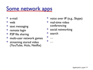 Application Layer 2-4
Some network apps
 e-mail
 web
 text messaging
 remote login
 P2P file sharing
 multi-user network games
 streaming stored video
(YouTube, Hulu, Netflix)
 voice over IP (e.g., Skype)
 real-time video
conferencing
 social networking
 search
 …
 …
 