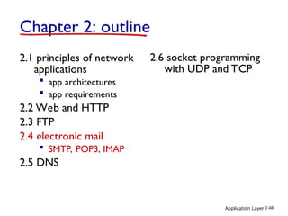 Application Layer 2-48
Chapter 2: outline
2.1 principles of network
applications
 app architectures
 app requirements
2.2 Web and HTTP
2.3 FTP
2.4 electronic mail
 SMTP, POP3, IMAP
2.5 DNS
2.6 socket programming
with UDP and TCP
 