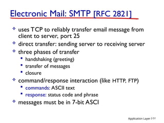Application Layer 2-51
Electronic Mail: SMTP [RFC 2821]
 uses TCP to reliably transfer email message from
client to server, port 25
 direct transfer: sending server to receiving server
 three phases of transfer
 handshaking (greeting)
 transfer of messages
 closure
 command/response interaction (like HTTP, FTP)
 commands: ASCII text
 response: status code and phrase
 messages must be in 7-bit ASCI
 