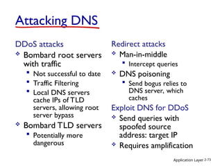 Attacking DNS
DDoS attacks
 Bombard root servers
with traffic
 Not successful to date
 Traffic Filtering
 Local DNS servers
cache IPs of TLD
servers, allowing root
server bypass
 Bombard TLD servers
 Potentially more
dangerous
Redirect attacks
 Man-in-middle
 Intercept queries
 DNS poisoning
 Send bogus relies to
DNS server, which
caches
Exploit DNS for DDoS
 Send queries with
spoofed source
address: target IP
 Requires amplification
Application Layer 2-73
 