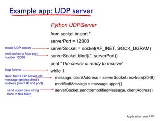 Application Layer 2-80
Example app: UDP server
from socket import *
serverPort = 12000
serverSocket = socket(AF_INET, SOCK_DGRAM)
serverSocket.bind(('', serverPort))
print “The server is ready to receive”
while 1:
message, clientAddress = serverSocket.recvfrom(2048)
modifiedMessage = message.upper()
serverSocket.sendto(modifiedMessage, clientAddress)
Python UDPServer
create UDP socket
bind socket to local port
number 12000
loop forever
Read from UDP socket into
message, getting client’s
address (client IP and port)
send upper case string
back to this client
 