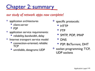 Application Layer 2-85
Chapter 2: summary
 application architectures
 client-server
 P2P
 application service requirements:
 reliability, bandwidth, delay
 Internet transport service model
 connection-oriented, reliable:
TCP
 unreliable, datagrams: UDP
our study of network apps now complete!
 specific protocols:
 HTTP
 FTP
 SMTP, POP, IMAP
 DNS
 P2P: BitTorrent, DHT
 socket programming: TCP,
UDP sockets
 