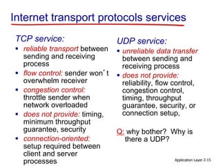 Application Layer 2-15
Internet transport protocols services
TCP service:
 reliable transport between
sending and receiving
process
 flow control: sender won’t
overwhelm receiver
 congestion control:
throttle sender when
network overloaded
 does not provide: timing,
minimum throughput
guarantee, security
 connection-oriented:
setup required between
client and server
processes
UDP service:
 unreliable data transfer
between sending and
receiving process
 does not provide:
reliability, flow control,
congestion control,
timing, throughput
guarantee, security, or
connection setup,
Q: why bother? Why is
there a UDP?
 