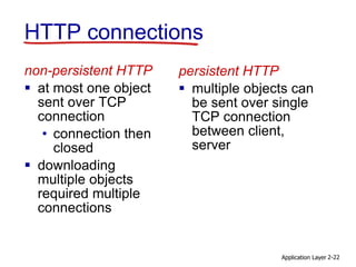 Application Layer 2-22
HTTP connections
non-persistent HTTP
 at most one object
sent over TCP
connection
• connection then
closed
 downloading
multiple objects
required multiple
connections
persistent HTTP
 multiple objects can
be sent over single
TCP connection
between client,
server
 
