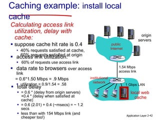 Application Layer 2-42
Caching example: install local
cache
Calculating access link
utilization, delay with
cache:
 suppose cache hit rate is 0.4
• 40% requests satisfied at cache,
60% requests satisfied at origin
origin
servers
1.54 Mbps
access link
 access link utilization:
 60% of requests use access link
 data rate to browsers over access
link
= 0.6*1.50 Mbps = .9 Mbps
 utilization = 0.9/1.54 = .58
 total delay
 = 0.6 * (delay from origin servers)
+0.4 * (delay when satisfied at
cache)
 = 0.6 (2.01) + 0.4 (~msecs) = ~ 1.2
secs
 less than with 154 Mbps link (and
cheaper too!)
public
Internet
institutional
network
1 Gbps LAN
local web
cache
 