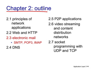 Application Layer 2-44
Chapter 2: outline
2.1 principles of
network
applications
2.2 Web and HTTP
2.3 electronic mail
• SMTP, POP3, IMAP
2.4 DNS
2.5 P2P applications
2.6 video streaming
and content
distribution
networks
2.7 socket
programming with
UDP and TCP
 