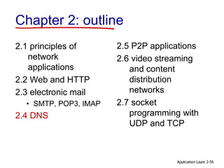 Application Layer 2-56
Chapter 2: outline
2.1 principles of
network
applications
2.2 Web and HTTP
2.3 electronic mail
• SMTP, POP3, IMAP
2.4 DNS
2.5 P2P applications
2.6 video streaming
and content
distribution
networks
2.7 socket
programming with
UDP and TCP
 