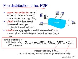 Application Layer 2-75
File distribution time: P2P
 server transmission: must
upload at least one copy
• time to send one copy: F/us
time to distribute F
to N clients using
P2P approach
us
network
di
ui
F
DP2P > max{F/us,,F/dmin,,NF/(us + Sui)}
 client: each client must
download file copy
• min client download time:
F/dmin clients: as aggregate must download NF bits
• max upload rate (limiting max download rate) is us +
Sui
… but so does this, as each peer brings service capacity
increases linearly in N …
 