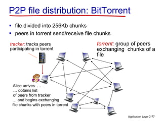 Application Layer 2-77
P2P file distribution: BitTorrent
tracker: tracks peers
participating in torrent
torrent: group of peers
exchanging chunks of a
file
Alice arrives …
 file divided into 256Kb chunks
 peers in torrent send/receive file chunks
… obtains list
of peers from tracker
… and begins exchanging
file chunks with peers in torrent
 