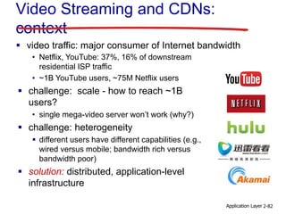 Application Layer 2-82
Video Streaming and CDNs:
context
• Netflix, YouTube: 37%, 16% of downstream
residential ISP traffic
• ~1B YouTube users, ~75M Netflix users
 challenge: scale - how to reach ~1B
users?
• single mega-video server won’t work (why?)
 challenge: heterogeneity
 different users have different capabilities (e.g.,
wired versus mobile; bandwidth rich versus
bandwidth poor)
 solution: distributed, application-level
infrastructure
 video traffic: major consumer of Internet bandwidth
 