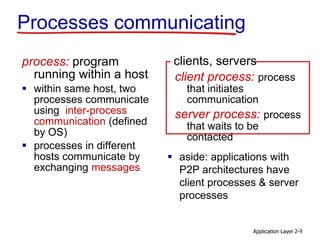 Application Layer 2-9
Processes communicating
process: program
running within a host
 within same host, two
processes communicate
using inter-process
communication (defined
by OS)
 processes in different
hosts communicate by
exchanging messages
client process: process
that initiates
communication
server process: process
that waits to be
contacted
 aside: applications with
P2P architectures have
client processes & server
processes
clients, servers
 