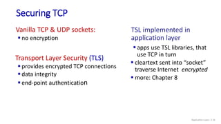 Securing TCP
Vanilla TCP & UDP sockets:
 no encryption
Transport Layer Security (TLS)
 provides encrypted TCP connections
 data integrity
 end-point authentication
TSL implemented in
application layer
 apps use TSL libraries, that
use TCP in turn
 cleartext sent into “socket”
traverse Internet encrypted
 more: Chapter 8
Application Layer: 2-16
 