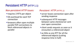 Persistent HTTP (HTTP 1.1)
Non-persistent HTTP issues:
 requires 2 RTTs per object
 OS overhead for each TCP
connection
 browsers often open multiple
parallel TCP connections to
fetch referenced objects in
parallel
Persistent HTTP (HTTP1.1):
 server leaves connection open after
sending response
 subsequent HTTP messages
between same client/server sent
over open connection
 client sends requests as soon as it
encounters a referenced object
 as little as one RTT for all the
referenced objects (cutting
response time in half)
Application Layer: 2-25
 