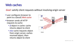 Web caches
 user configures browser to
point to a (local) Web cache
 browser sends all HTTP
requests to cache
• if object in cache: cache
returns object to client
• else cache requests object
from origin server, caches
received object, then
returns object to client
Goal: satisfy client requests without involving origin server
client
Web
cache
client
origin
server
Application Layer: 2-38
 