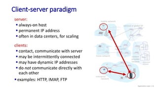 mobile network
home network
enterprise
network
national or global ISP
local or
regional ISP
datacenter
network
content
provider
network
Client-server paradigm
server:
 always-on host
 permanent IP address
 often in data centers, for scaling
clients:
 contact, communicate with server
 may be intermittently connected
 may have dynamic IP addresses
 do not communicate directly with
each other
 examples: HTTP, IMAP, FTP
Application Layer: 2-6
 