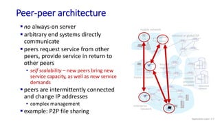mobile network
home network
enterprise
network
national or global ISP
local or
regional ISP
datacenter
network
content
provider
network
Peer-peer architecture
 no always-on server
 arbitrary end systems directly
communicate
 peers request service from other
peers, provide service in return to
other peers
• self scalability – new peers bring new
service capacity, as well as new service
demands
 peers are intermittently connected
and change IP addresses
• complex management
 example: P2P file sharing
Application Layer: 2-7
 