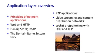 Application layer: overview
 Principles of network
applications
 Web and HTTP
 E-mail, SMTP, IMAP
 The Domain Name System
DNS
 P2P applications
 video streaming and content
distribution networks
 socket programming with
UDP and TCP
Application Layer: 2-2
 