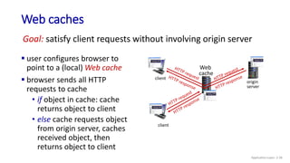 Web caches
 user configures browser to
point to a (local) Web cache
 browser sends all HTTP
requests to cache
• if object in cache: cache
returns object to client
• else cache requests object
from origin server, caches
received object, then
returns object to client
Goal: satisfy client requests without involving origin server
client
Web
cache
client
origin
server
Application Layer: 2-36
 