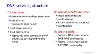 DNS: services, structure
Q: Why not centralize DNS?
 single point of failure
 traffic volume
 distant centralized database
 maintenance
DNS services:
 hostname-to-IP-address translation
 host aliasing
• canonical, alias names
 mail server aliasing
 load distribution
• replicated Web servers: many IP
addresses correspond to one
name
A: doesn‘t scale!
 Comcast DNS servers alone:
600B DNS queries/day
 Akamai DNS servers alone:
2.2T DNS queries/day
Application Layer: 2-59
 
