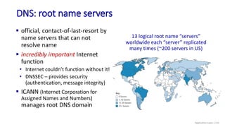 DNS: root name servers
 official, contact-of-last-resort by
name servers that can not
resolve name
 incredibly important Internet
function
• Internet couldn’t function without it!
• DNSSEC – provides security
(authentication, message integrity)
 ICANN (Internet Corporation for
Assigned Names and Numbers)
manages root DNS domain
13 logical root name “servers”
worldwide each “server” replicated
many times (~200 servers in US)
Application Layer: 2-63
 