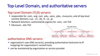 Top-Level Domain, and authoritative servers
Top-Level Domain (TLD) servers:
 responsible for .com, .org, .net, .edu, .aero, .jobs, .museums, and all top-level
country domains, e.g.: .cn, .uk, .fr, .ca, .jp
 Network Solutions: authoritative registry for .com, .net TLD
 Educause: .edu TLD
authoritative DNS servers:
 organization’s own DNS server(s), providing authoritative hostname to IP
mappings for organization’s named hosts
 can be maintained by organization or service provider
Application Layer: 2-64
 