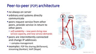 mobile network
home network
enterprise
network
national or global ISP
local or
regional ISP
datacenter
network
content
provider
network
Peer-to-peer (P2P) architecture
 no always-on server
 arbitrary end systems directly
communicate
 peers request service from other
peers, provide service in return to
other peers
• self scalability – new peers bring new
service capacity, and new service demands
 peers are intermittently connected
and change IP addresses
• complex management
 examples: P2P file sharing (BitTorrent),
streaming (KanKan), VoIP (Skype)
Application Layer: 2-75
 