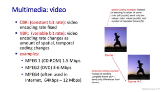Multimedia: video
……………………..
spatial coding example: instead
of sending N values of same
color (all purple), send only two
values: color value (purple) and
number of repeated values (N)
……………….…….
frame i
frame i+1
temporal coding example:
instead of sending
complete frame at i+1,
send only differences from
frame i
 CBR: (constant bit rate): video
encoding rate fixed
 VBR: (variable bit rate): video
encoding rate changes as
amount of spatial, temporal
coding changes
 examples:
• MPEG 1 (CD-ROM) 1.5 Mbps
• MPEG2 (DVD) 3-6 Mbps
• MPEG4 (often used in
Internet, 64Kbps – 12 Mbps)
Application Layer: 2-87
 