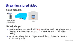 Main challenges:
 server-to-client bandwidth will vary over time, with changing network
congestion levels (in house, access network, network core, video
server)
 packet loss, delay due to congestion will delay playout, or result in
poor video quality
Streaming stored video
simple scenario:
video server
(stored video)
client
Internet
Application Layer: 2-88
 