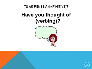 TU AS PENSÉ À (INFINITIVE)?

Have you thought of
     (verbing)?




                               27
 