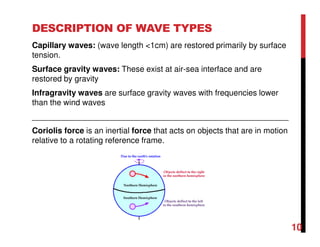 DESCRIPTION OF WAVE TYPES
Capillary waves: (wave length <1cm) are restored primarily by surface
tension.
Surface gravity waves: These exist at air-sea interface and are
restored by gravity
Infragravity waves are surface gravity waves with frequencies lower
than the wind waves
_________________________________________________________
Coriolis force is an inertial force that acts on objects that are in motion
relative to a rotating reference frame.
10
 