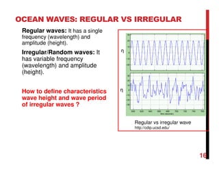 OCEAN WAVES: REGULAR VS IRREGULAR
16
Regular waves: It has a single
frequency (wavelength) and
amplitude (height).
Irregular/Random waves: It
has variable frequency
(wavelength) and amplitude
(height).
How to define characteristics
wave height and wave period
of irregular waves ?
Regular vs irregular wave
http://cdip.ucsd.edu/
η
η
 