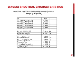 WAVES: SPECTRAL CHARACTERISTICS
∆f 0.01
m0=(1/3)*(∆f)*Sum0 4.493
m1=(1/3)*(∆f)*Sum1 0.383
m2=(1/3)*(∆f)*Sum2 0.036
m4=(1/3)*(∆f)*Sum4 0.000
Havg=2.507(m0)0.5 5.314 m
Hs=4.004(m0)0.5 8.487 m
H1/10=5.09(m0)0.5 10.789 m
H1/100=6.673(m0)0.5 14.144 m
Tm0,1=m0/m1 11.724 S
Tm0,2=Tz=(m0/m2)0.5 11.187 S
Tc=(m2/m4)0.5 9.140 S
Determine spectral moments using following formula
mi=(1/3)*(∆f)*Sumi
41
 
