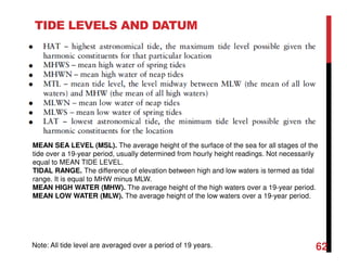 TIDE LEVELS AND DATUM
Note: All tide level are averaged over a period of 19 years.
MEAN SEA LEVEL (MSL). The average height of the surface of the sea for all stages of the
tide over a 19-year period, usually determined from hourly height readings. Not necessarily
equal to MEAN TIDE LEVEL.
TIDAL RANGE. The difference of elevation between high and low waters is termed as tidal
range. It is equal to MHW minus MLW.
MEAN HIGH WATER (MHW). The average height of the high waters over a 19-year period.
MEAN LOW WATER (MLW). The average height of the low waters over a 19-year period.
62
 