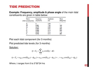 TIDE PREDICTION
Example: Frequency, amplitude & phase angle of the main tidal
constituents are given in table below:
Plot each tidal component (for 3 months)
Plot predicted tide levels (for 3 months)
Solution:
Where, t ranges from 0 to 3*30*24 hrs
(tidal constituents)
65
∑=
−Ω+=
n
i
iio itaZ
1
)cos( φη
)cos(...)cos()cos( 111222222 KKKNNNMMMo tatataZ φφφη −Ω++−Ω+−Ω+=
 