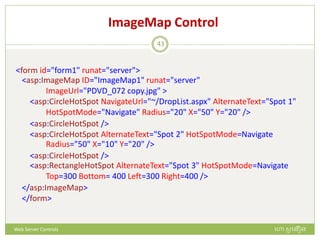 ImageMap Control
<form id="form1" runat="server">
<asp:ImageMap ID="ImageMap1" runat="server"
ImageUrl="PDVD_072 copy.jpg" >
<asp:CircleHotSpot NavigateUrl="~/DropList.aspx" AlternateText="Spot 1"
HotSpotMode="Navigate" Radius="20" X="50" Y="20" />
<asp:CircleHotSpot />
<asp:CircleHotSpot AlternateText="Spot 2" HotSpotMode=Navigate
Radius="50" X="10" Y="20" />
<asp:CircleHotSpot />
<asp:RectangleHotSpot AlternateText="Spot 3" HotSpotMode=Navigate
Top=300 Bottom= 400 Left=300 Right=400 />
</asp:ImageMap>
</form>
ហោ សូ ហនឿនWeb Server Controls
43
 