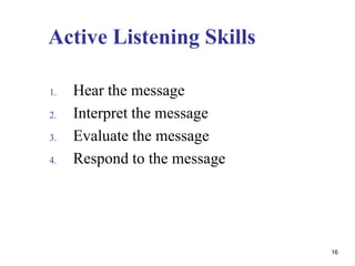 Active Listening Skills
1. Hear the message
2. Interpret the message
3. Evaluate the message
4. Respond to the message
16
 