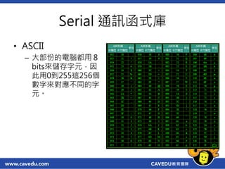 Serial 通訊函式庫
• ASCII
– 大部份的電腦都用８
bits來儲存字元，因
此用0到255這256個
數字來對應不同的字
元。
 