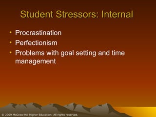Student Stressors: Internal  Procrastination Perfectionism Problems with goal setting and time management 