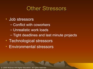 Other Stressors Job stressors Conflict with coworkers Unrealistic work loads Tight deadlines and last minute projects Technological stressors Environmental stressors 