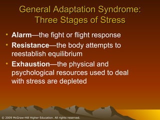 General Adaptation Syndrome: Three Stages of Stress Alarm —the fight or flight response Resistance —the body attempts to reestablish equilibrium Exhaustion —the physical and psychological resources used to deal with stress are depleted 