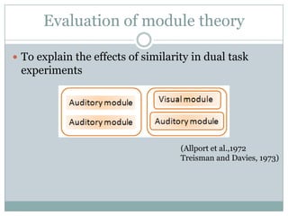 Evaluation of module theory

 To explain the effects of similarity in dual task
 experiments




                                    (Allport et al.,1972
                                    Treisman and Davies, 1973)
 