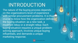 INTRODUCTION
The nature of the buying process depends
on the organization’s level of experience
with similar procurement problems. It is thus
crucial to know how the organization deﬁnes
the buying situation: as a new task, a
modiﬁed rebuy or a straight rebuy. Each
buying situation requires a unique problem-
solving approach, involves unique buying
inﬂuentials, and demands a unique
marketing response.
 