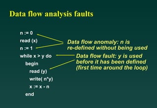 Data flow analysis faults n := 0 read (x) n := 1 while x > y do begin   read (y)   write( n*y)   x := x - n end Data flow anomaly: n is re-defined without being used Data flow fault: y is used before it has been defined (first time around the loop) 