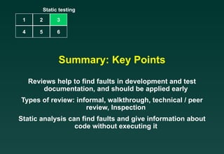 Summary: Key Points Reviews help to find faults in development and test documentation, and should be applied early Types of review: informal, walkthrough, technical / peer review, Inspection Static analysis can find faults and give information about code without executing it Static testing 1 2 4 5 3 6 