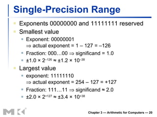 Single-Precision Range Exponents 00000000 and 11111111 reserved Smallest value Exponent: 00000001   actual exponent = 1 – 127 = –126 Fraction: 000…00    significand = 1.0 ±1.0 × 2 –126  ≈ ±1.2 × 10 –38 Largest value exponent: 11111110   actual exponent = 254 – 127 = +127 Fraction: 111…11    significand ≈ 2.0 ±2.0 × 2 +127  ≈ ±3.4 × 10 +38 Chapter 3 — Arithmetic for Computers —  